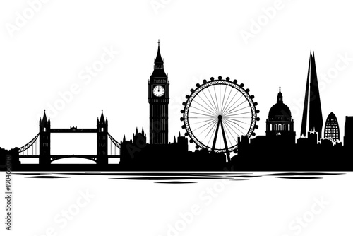 London city skyline silhouette with Big Ben, Tower Bridge and London Eye, panoramic black vector illustration of famous landmarks isolated on white background