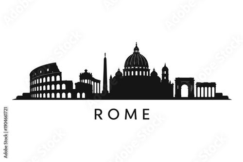 Black silhouette illustration of Rome skyline featuring the Colosseum, St. Peter’s Basilica, and ancient Roman landmarks. Minimal panoramic cityscape design ideal for travel