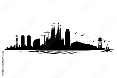 Black silhouette illustration of Barcelona skyline featuring Sagrada Familia, modern skyscrapers, lighthouse, and seaside elements. Minimal panoramic cityscape design ideal for travel, architecture