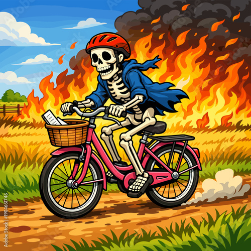 Skeleton riding a pink bicycle through burning field with fire and smoke, surreal cartoon illustration symbolizing danger, climate change, apocalypse and dramatic escape