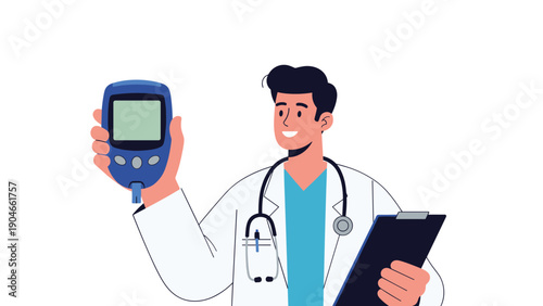 Smiling male medical professional holding a blood glucose meter and a clipboard for diabetes monitoring and health checkup.