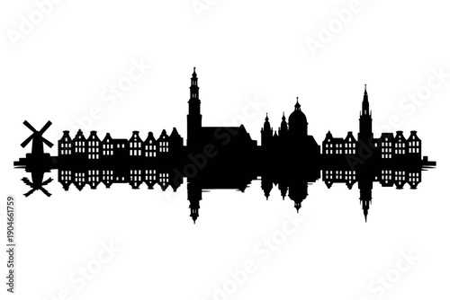 Amsterdam city skyline silhouette with historic canal houses, windmill and church towers, panoramic black vector illustration with reflection isolated on white background