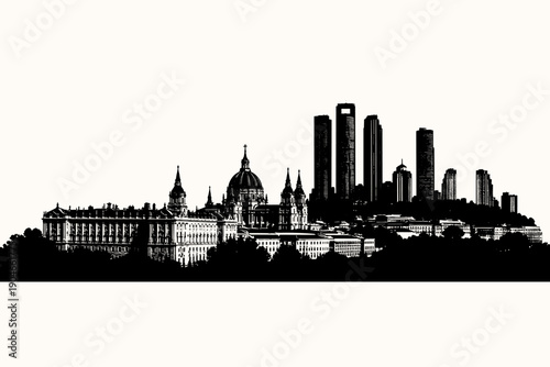 Black silhouette illustration of Madrid skyline featuring historic architecture and modern skyscrapers including the Cuatro Torres. Minimal panoramic cityscape design ideal for travel, urban,