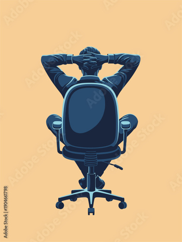 Man Relaxing in Office Chair with Hands Behind Head.