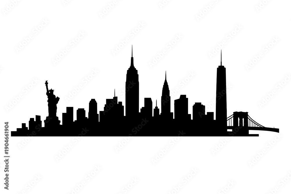 Obraz premium Black silhouette illustration of New York City skyline with iconic skyscrapers, Statue of Liberty, and bridge. Minimal panoramic cityscape design ideal for travel, urban, and business themes.