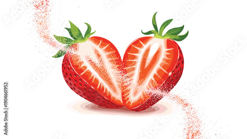 Two halves of a fresh ripe strawberry with pink dust or sugar particles flying around on a clean white background.