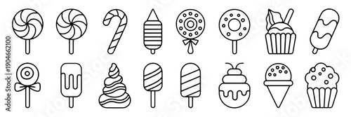 Candy and desserts line art set with various sweets and treats including lollipops, ice cream, and cupcakes featuring black and white, simple, minimalist with illustration and vector elements for