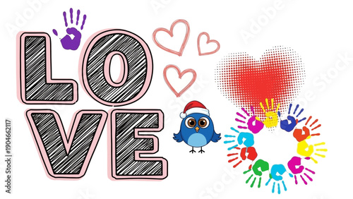 Whimsical illustration of love with handprints and a blue bird surrounded by hearts and colorful handprints
