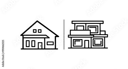 Architectural Styles Icons: Traditional House vs. Modern Multi-Story Building for Real Estate Concepts