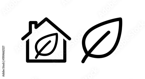 Eco-Friendly House and Leaf Icons, Symbolizing Sustainable Living and Environmental Responsibility