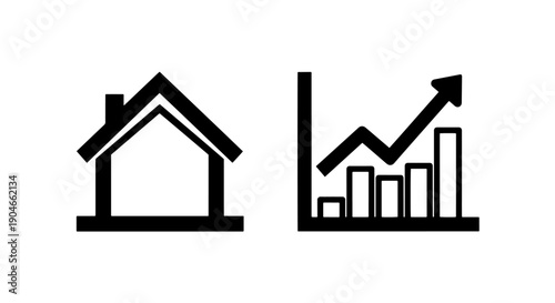 House icon beside a rising bar chart, symbolizing real estate market growth and increasing property value.