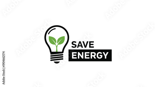 Environmental logo featuring a light bulb with a green sprout inside and the text save energy on a plain white background.
