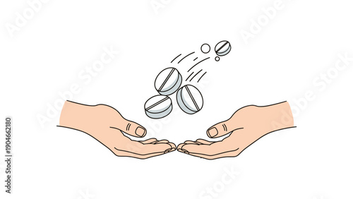 Two hands cupped together to receive falling white pills for a conceptual medical aid or medication distribution theme.