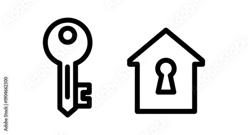 Large key icon and house with a keyhole, representing home ownership, security, and real estate access.