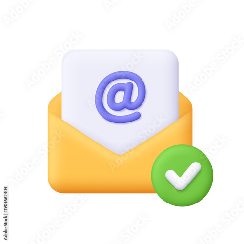 Open envelope with envelope with document showing an email at symbol and green check mark. Verified email, message sent and email confirmation concept. 3d vector icon. Cartoon minimal style.