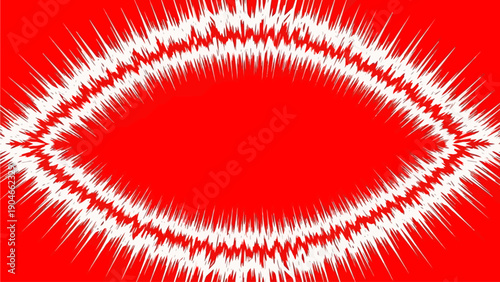 Dynamic Eye Shape Created with White Sound Waves on Red Background from a Front Viewpoint