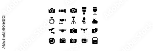 Cameras and studio equipment set with black icons, media, photography, simple design, modern style featuring vector, graphics, symbols with signs and technology elements for cinematography,