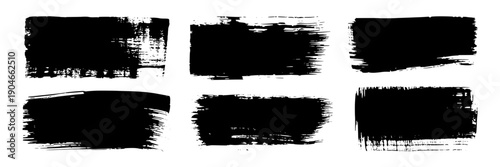 Brush stroke paint swatches set with six black grunge ink rectangles, dry bristle texture, rough edges and distressed smear marks for banner, label, highlight design