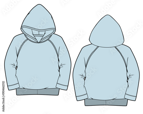 Baby kids raglan sleeve hoodies vector design mockup template technical flat sketch.