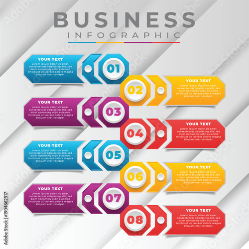 A colorful business infographic template with eight numbered tags