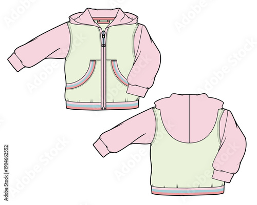 Kids full zip hoodies vector design technical flat drawing by adobe illustrator.
