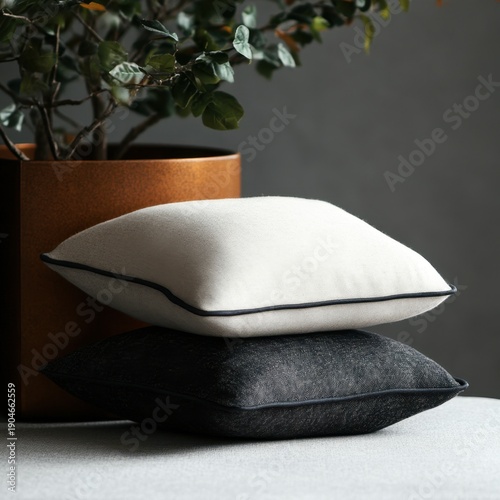 Two neutral-toned throw pillows rest atop one another.