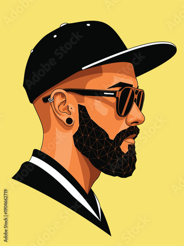 Stylish Man with Beard and Sunglasses Wearing a Cap.