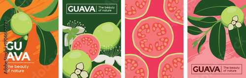 Guava vector illustration. Whole and sliced tropical fruit, with leaves and flowers, for poster, book cover, banner, background, and wallpaper.