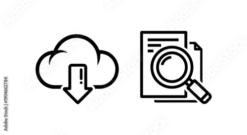 Critical cloud download and document search with error warning and magnifying glass icon