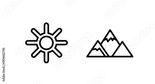 Sunny mountain landscape and outdoor adventure with bright sun and rocky peaks icon