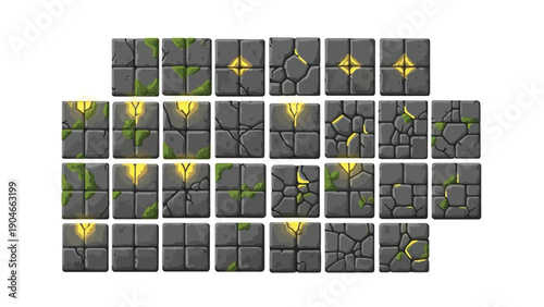 A collection of gray square tiles with yellow and green markings arranged in rows on a white background, showcasing various patterns and designs.