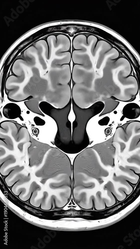 Axial view of a human brain mri scan revealing complex neurological structures, suitable for medical presentations, scientific articles, educational materials, and neuroscience research.