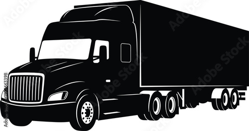 Black and White Vector Semi-Truck Illustration, Front-Side View of Tractor-Trailer with Detailed Cab, Grille, Wheels, and Long Trailer