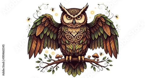 Majestic Owl Perched on a Branch with Wings Spread Wide.