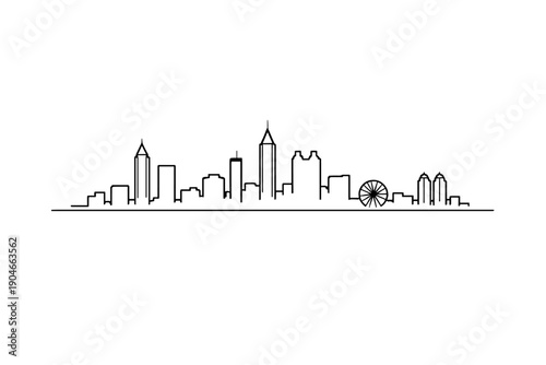 Atlanta Skyline One Line Continuous Drawing with Ferris Wheel and Skyscrapers Minimalist Vector Illustration