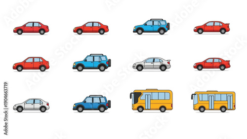 Collection of various colorful cartoon cars and buses on a white background in a flat lay composition.