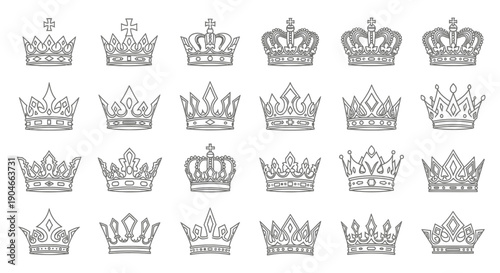 Collection of Various Royal Crown Outline Icons on Isolated White Background