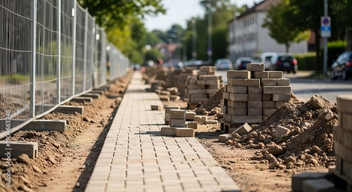 A construction site with a sidewalk being built using bricks and a metal fence