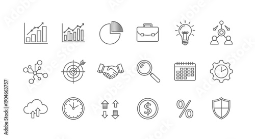 Comprehensive set of business, finance, and analytics line icons on an isolated white background.