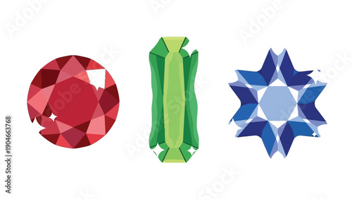 Three faceted gemstones, a round red ruby, an elongated green emerald, and a blue sapphire, against a clean white background.