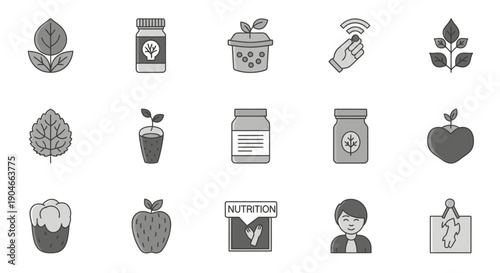 Set of nutrition, food, and natural product icons in gray tones on a gray background.