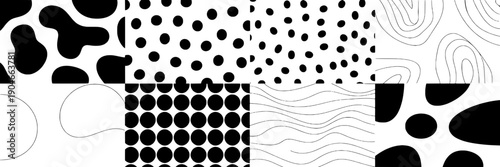 Abstract geometric pattern set with black and white blobs, halftone dots, rounded circles grid, wavy lines and contour topographic shapes for modern background design