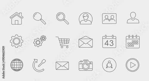 Universal Web and Mobile Interface Line Icons Set on Isolated Light Grey Background, Essential UI Elements