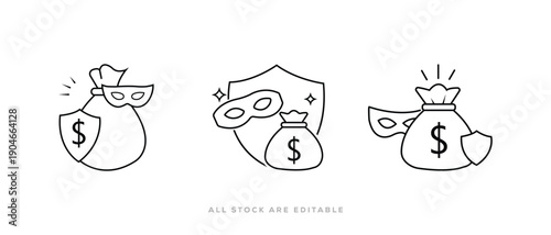 Financial Security Icon. Protection Icon Money bag,  anti theft, savings safety, shield and mask line Silhouette Vector Illustration