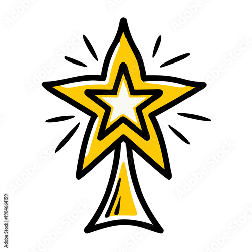 Hand drawn golden star, shining Christmas tree topper illustration with bold outline. Bright golden star represents festive celebration and holiday spirit, featuring glowing yellow design.