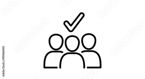 Outline icon of a group of three people with a checkmark indicating team approval or successful collaboration on an isolated white background.