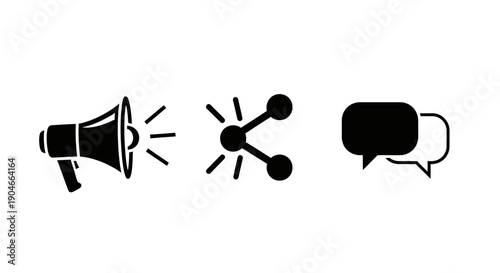 Essential communication outline icons set featuring a megaphone, share symbol, and speech bubble on an isolated white background.