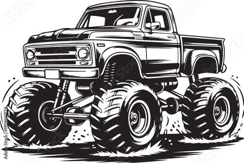 Large monster truck with big wheels and suspension on grass  powerful vehicle illustration