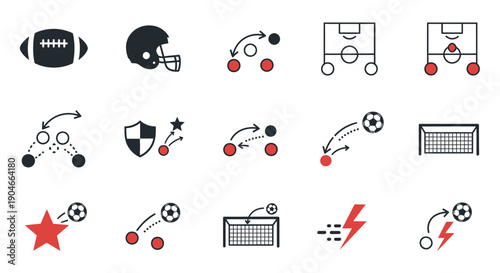 Dynamic set of American football and soccer outline icons with red highlights depicting game elements, plays, and equipment on an isolated white background.