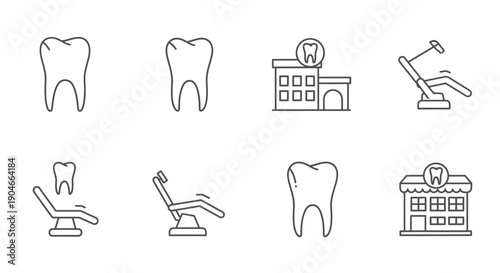 Comprehensive set of dental care and dentistry outline icons including teeth, clinic, and chair on an isolated white background.